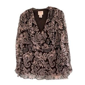 Vision Apparel Silk Beaded‎ Blouse Black White Paisley Print Ruffle V-Neck 2X